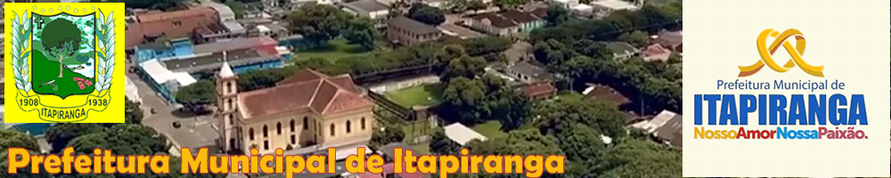 brasão do municipio de itapiranga na esquerda, texto prefeitura municipal de itapiranga, foto panorâmica de fundo e logo da prefeitura municipal de itapiranga a direita